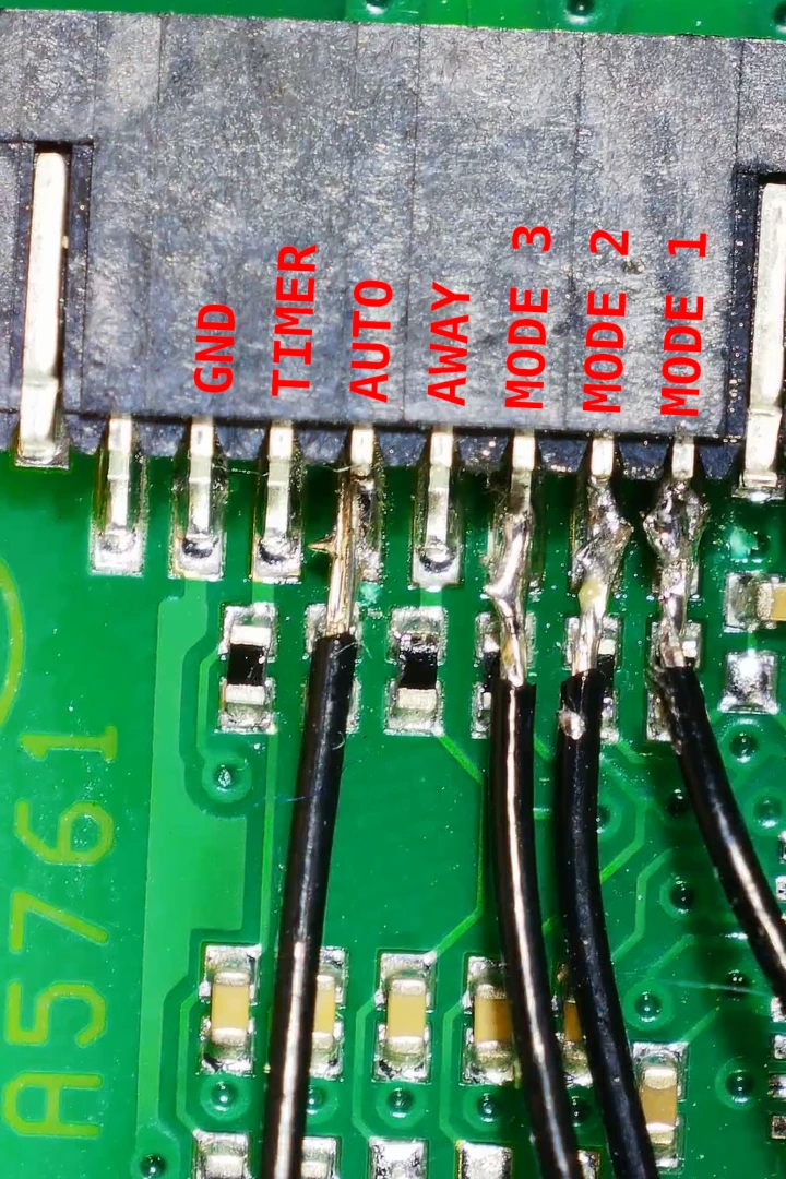 Wires soldered to ribbon cable connector, with pinout labels
